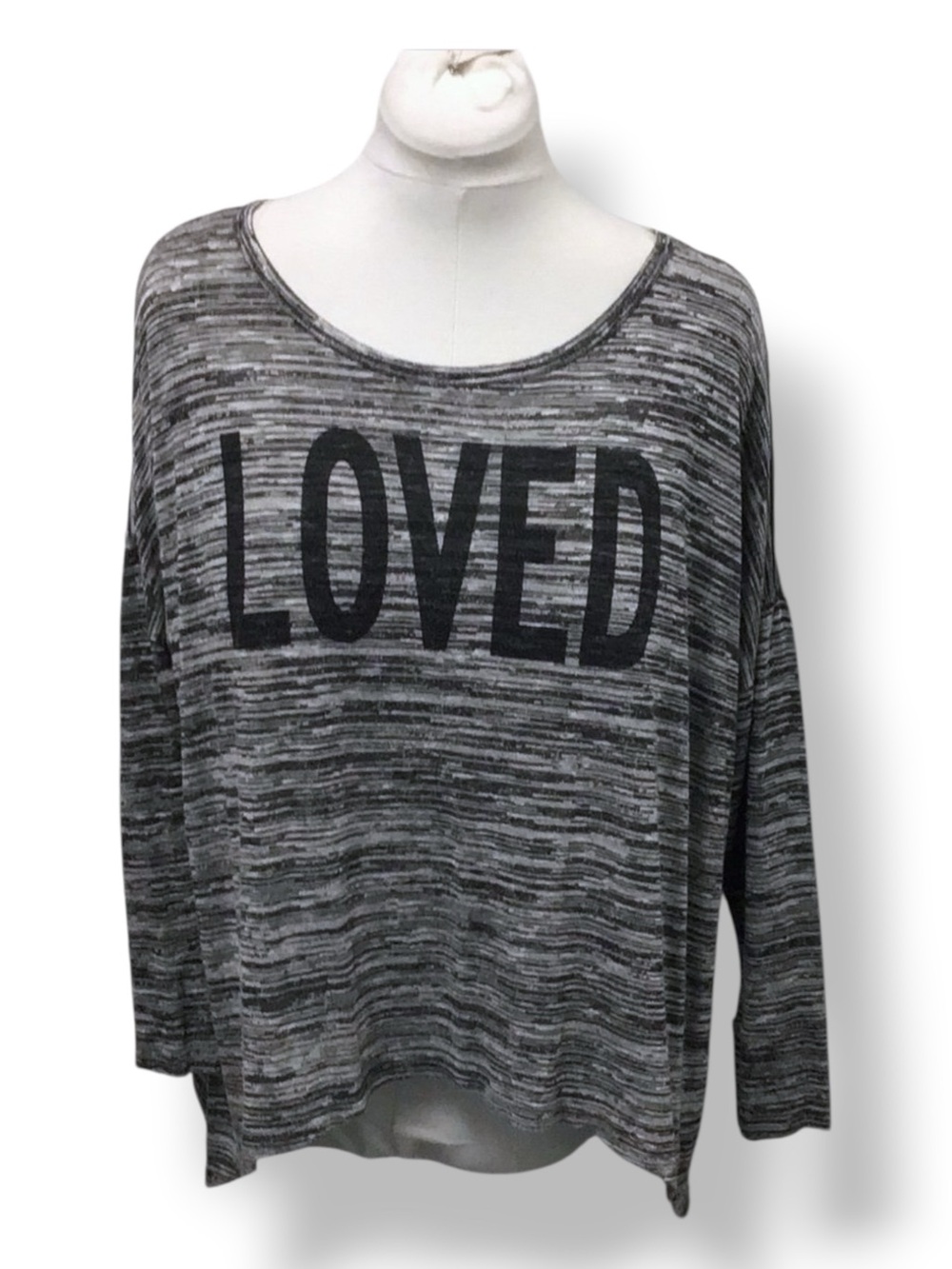 Bongo Plus Women’s Long Sleeve Knit Sweater Top - “LOVED” Marled Gray/Black 2X